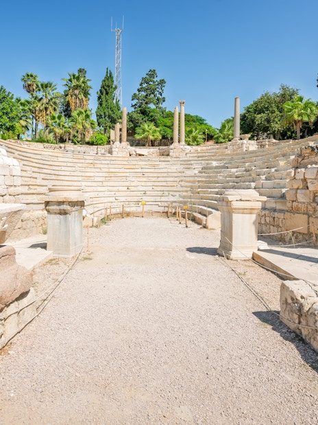 Ancient Roman Theatre ruins with stone columns and seating in Kom El-Deka, Alexandria.