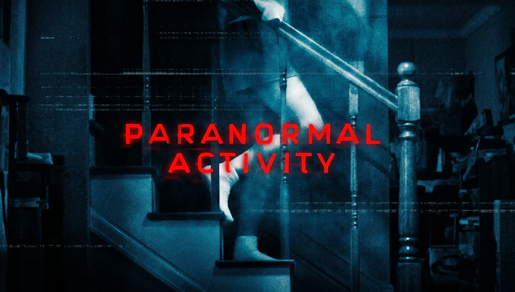 Ghostly figure on staircase with 'Paranormal Activity' text, Broadway theme.