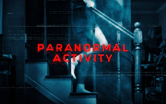 Ghostly figure on staircase with 'Paranormal Activity' text, Broadway theme.