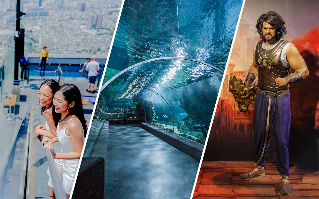 Mahanakhon SkyWalk view, SEA LIFE Bangkok aquarium tunnel, Madame Tussauds Bangkok wax figure.