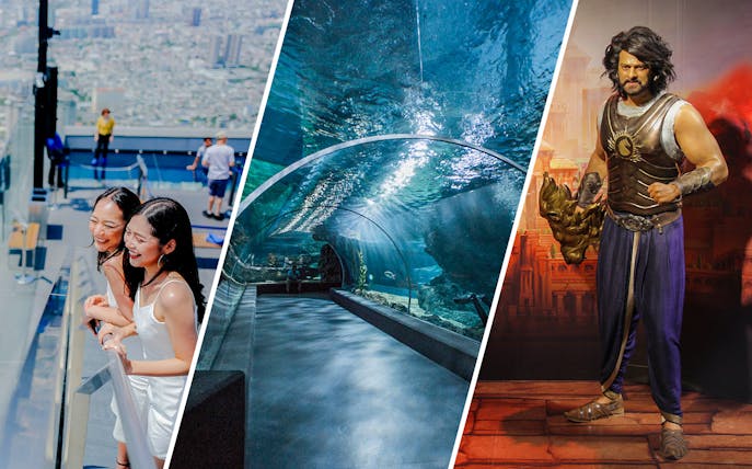 Mahanakhon SkyWalk view, SEA LIFE Bangkok aquarium tunnel, Madame Tussauds Bangkok wax figure.