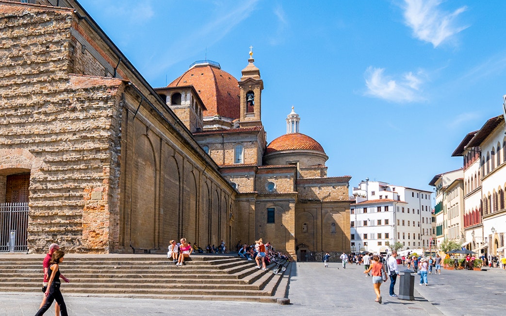 Medici Chapel exterior in Florence with visitors on steps, skip the line tickets available.
