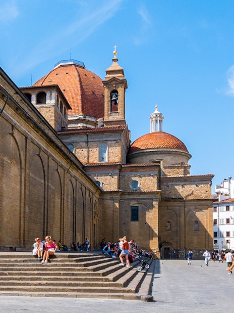 Medici Chapel exterior in Florence with visitors on steps, skip the line tickets available.
