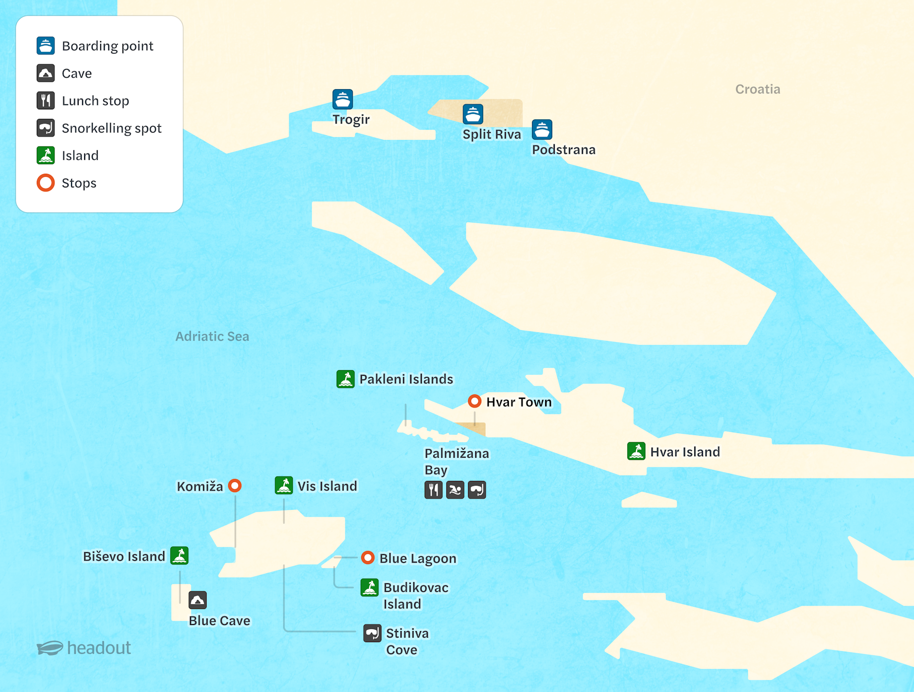 Blue Cave tour map showing stops at Hvar, Vis, and Biševo Islands in Croatia.