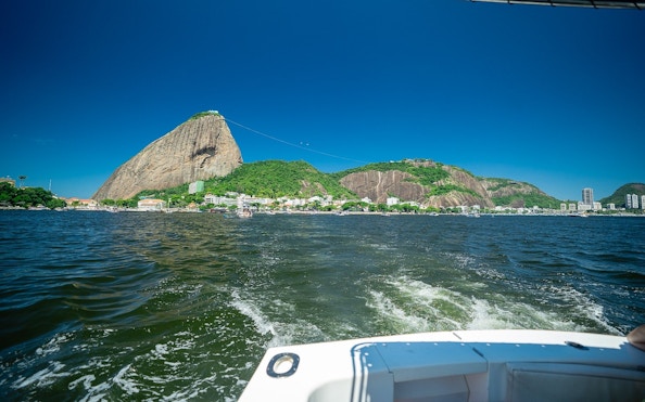 Boat view of Sugarloaf Mountain in Rio de Janeiro during a tour.