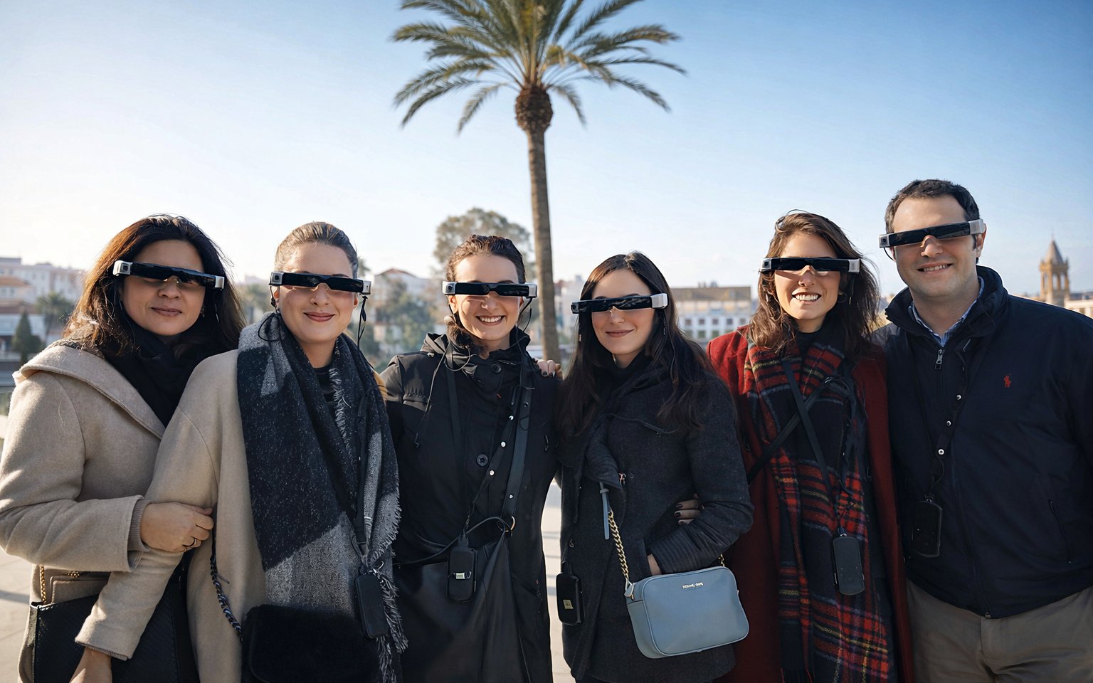 Tourists with guide wearing smart glasses during Setas de Sevilla city tour.