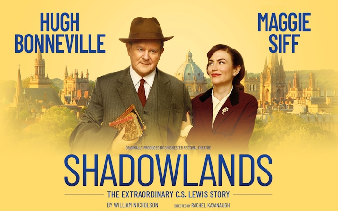 Shadowlands Westend show poster with actors in front of Oxford skyline
