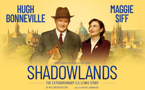 Shadowlands Westend show poster with actors in front of Oxford skyline