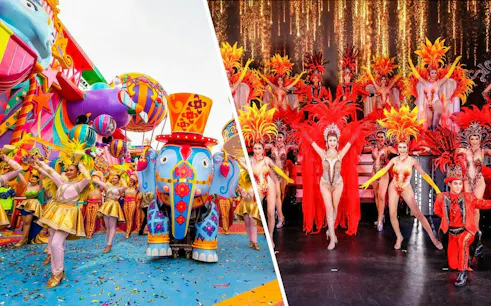Carnival parade with colorful floats and dancers; Simon Cabaret performers in vibrant costumes.