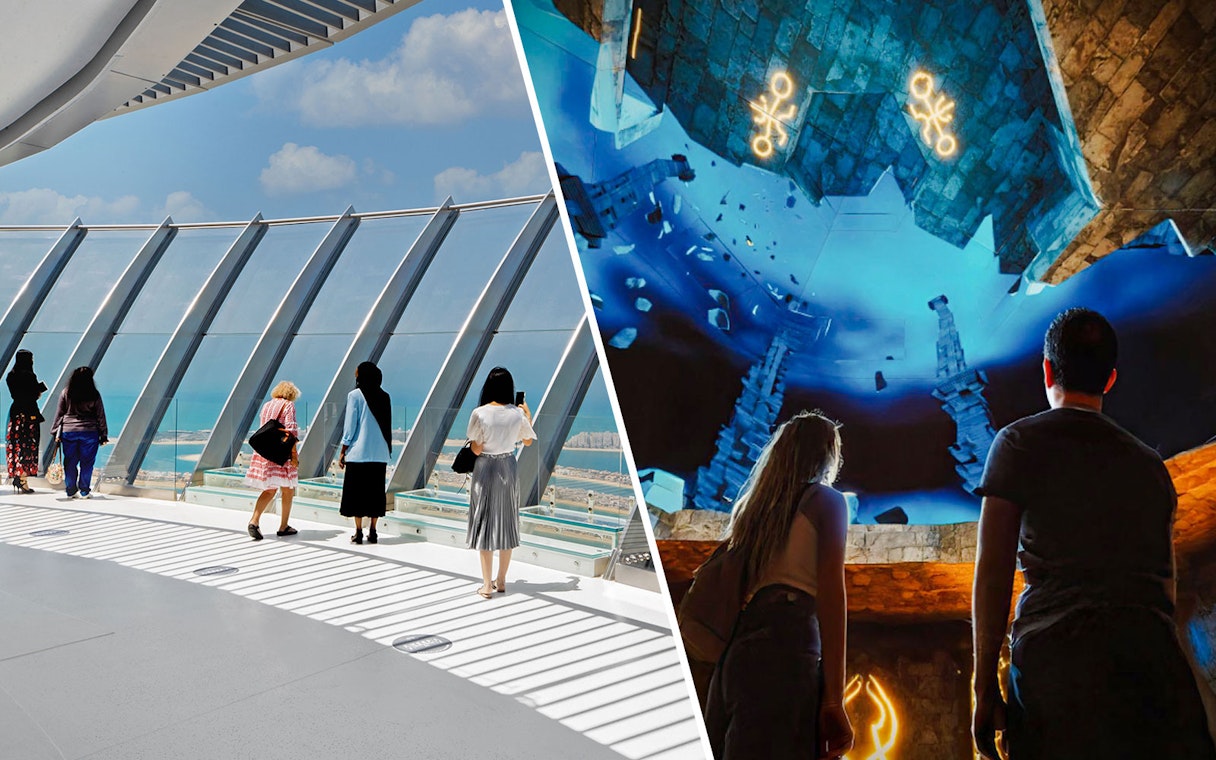 Visitors exploring The Lost World Aquarium's futuristic architecture and immersive exhibits.