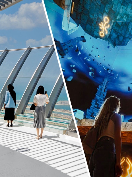 Visitors exploring The Lost World Aquarium's futuristic architecture and immersive exhibits.