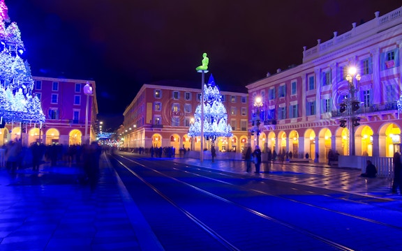 Christmas lights and decorations in Place Masséna, Nice, France.