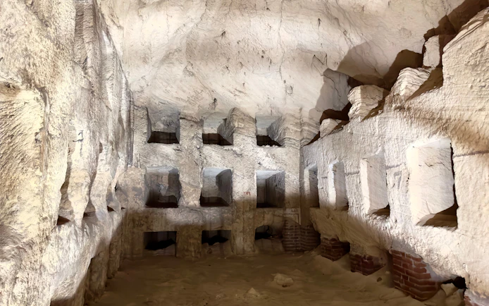 Inside view of burial niches in the Catacombs of Kom el Shoqafa, Alexandria, Egypt.