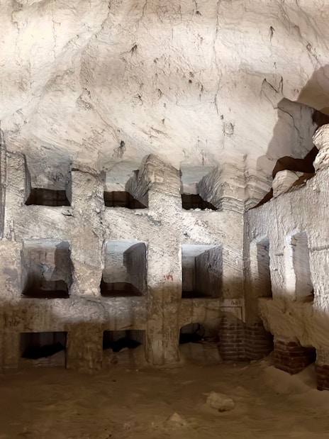 Inside view of burial niches in the Catacombs of Kom el Shoqafa, Alexandria, Egypt.