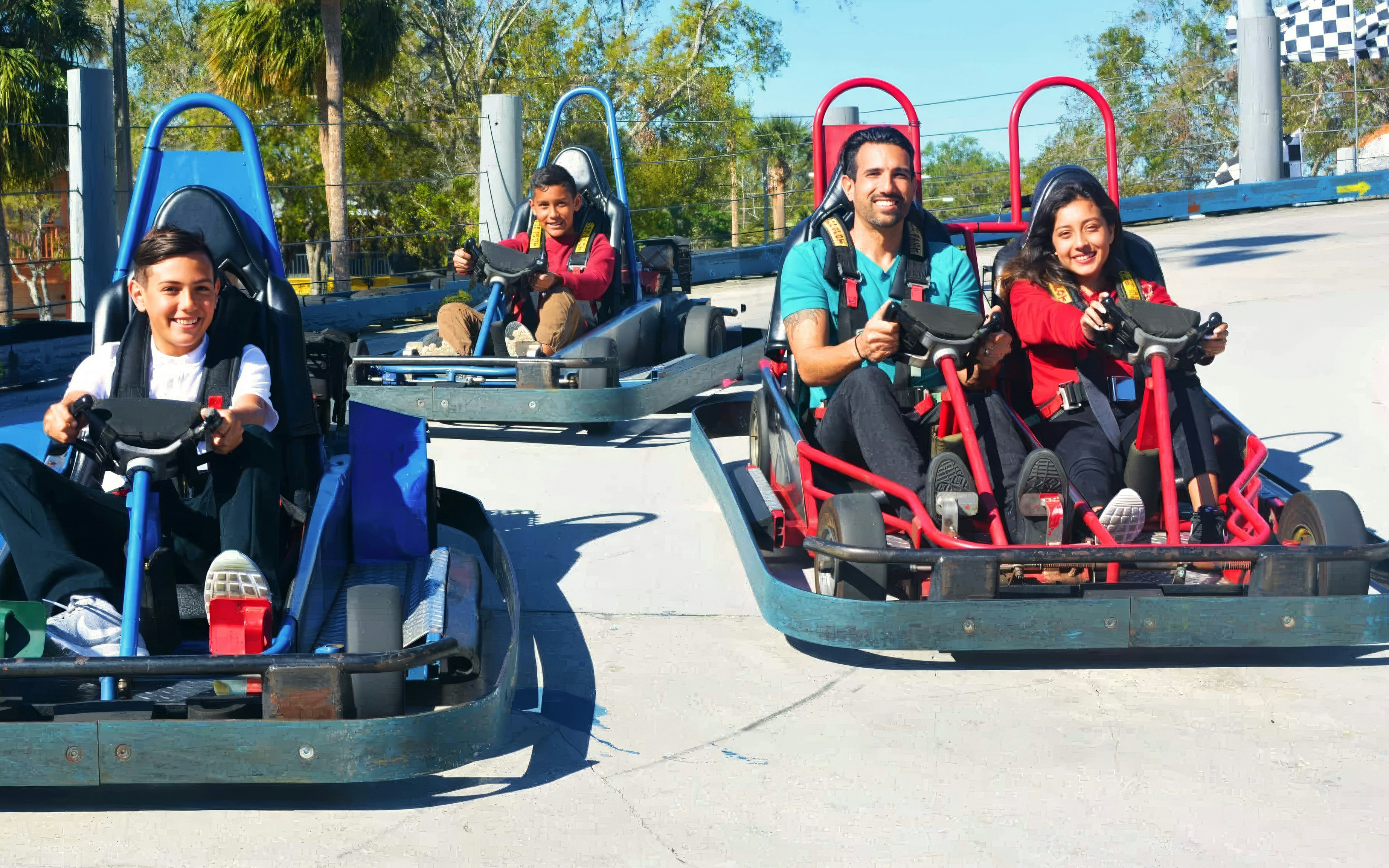 Go-kart racers on multi-level track at Fun Spot America Orlando.