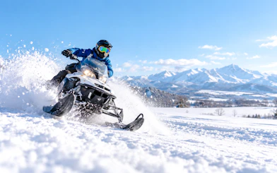 Snowmobile ride in snowy landscape with mountains, Sapporo, Hokkaido.