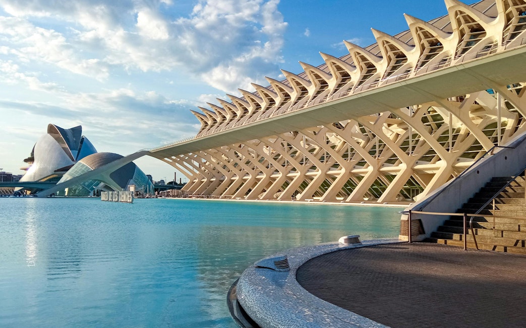 City of Arts and Sciences in Valencia with futuristic architecture and reflecting pool.
