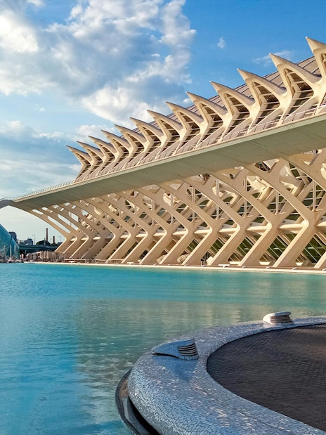 City of Arts and Sciences in Valencia with futuristic architecture and reflecting pool.