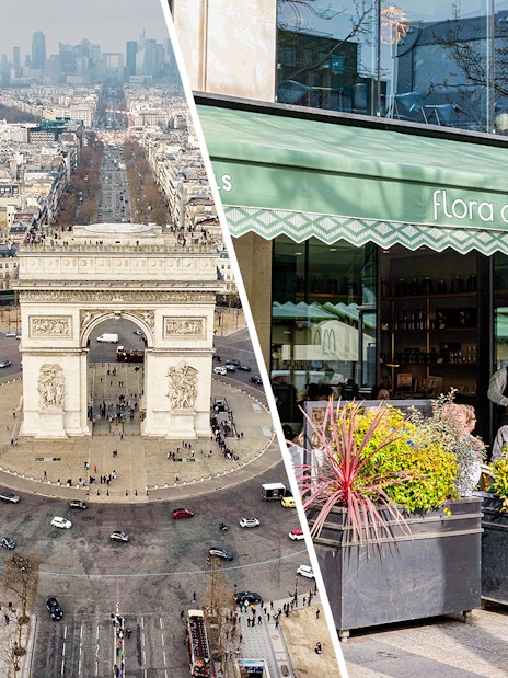 Champs-Élysées view with Arc de Triomphe and Flora Danica restaurant outdoor seating.