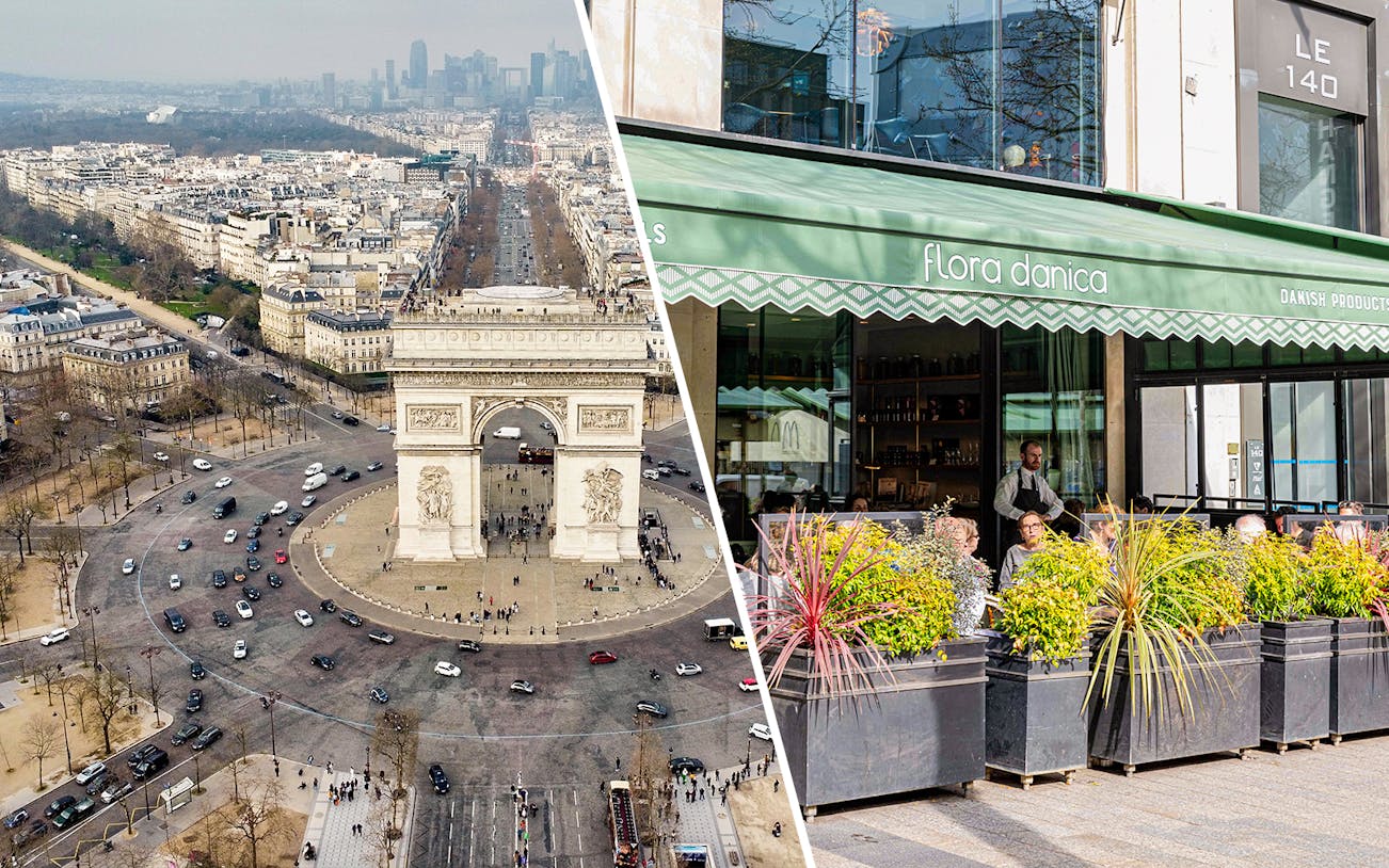 Champs-Élysées view with Arc de Triomphe and Flora Danica restaurant outdoor seating.