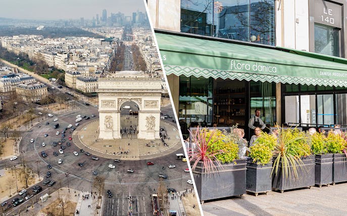 Champs-Élysées view with Arc de Triomphe and Flora Danica restaurant outdoor seating.