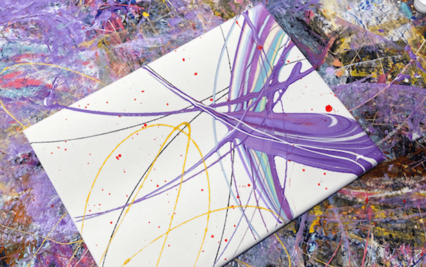 Abstract painting with purple, yellow, and red lines at Motion Art Space.