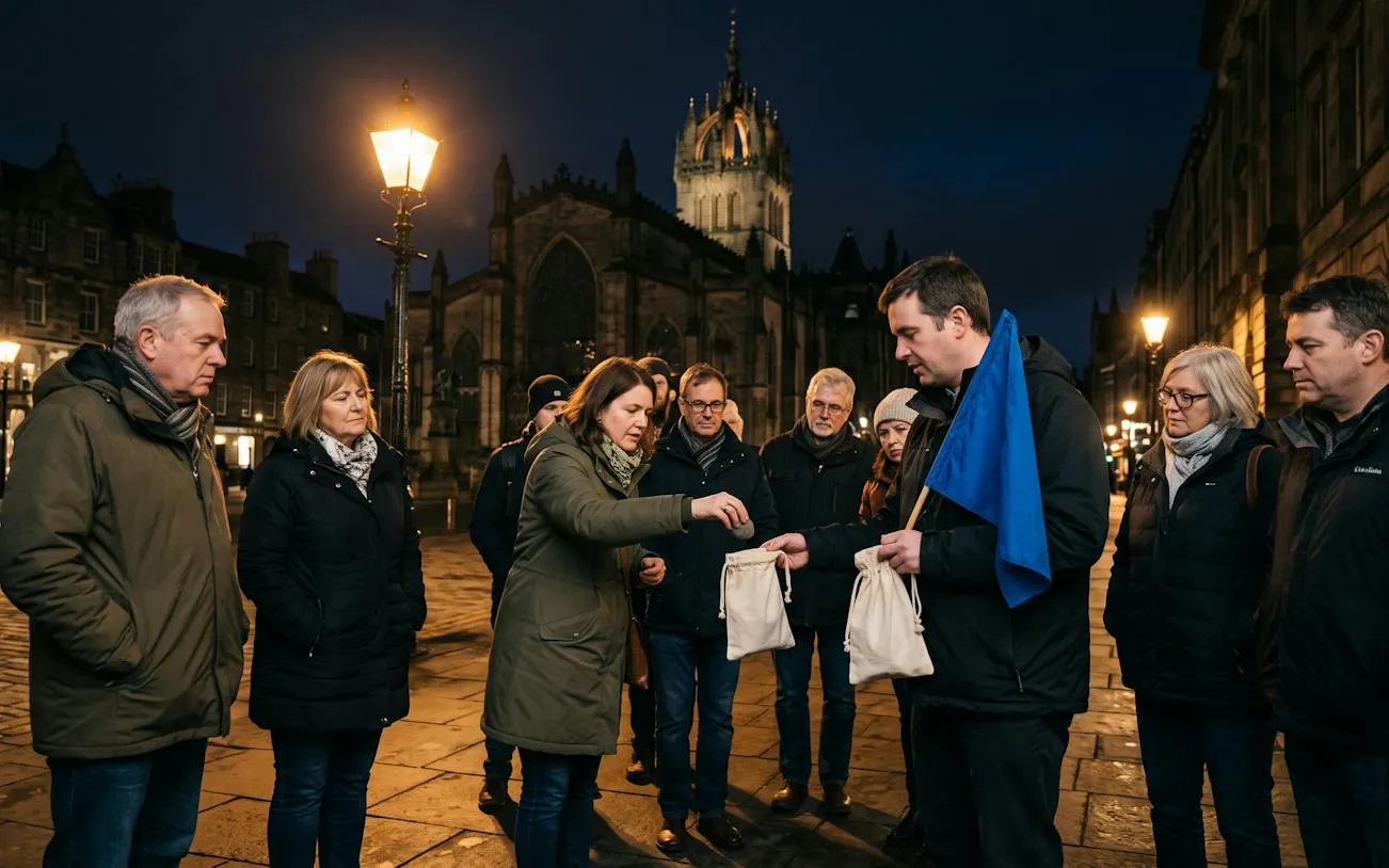 Participants on Edinburgh True Crime Walking Tour near St Giles' Cathedral at night.