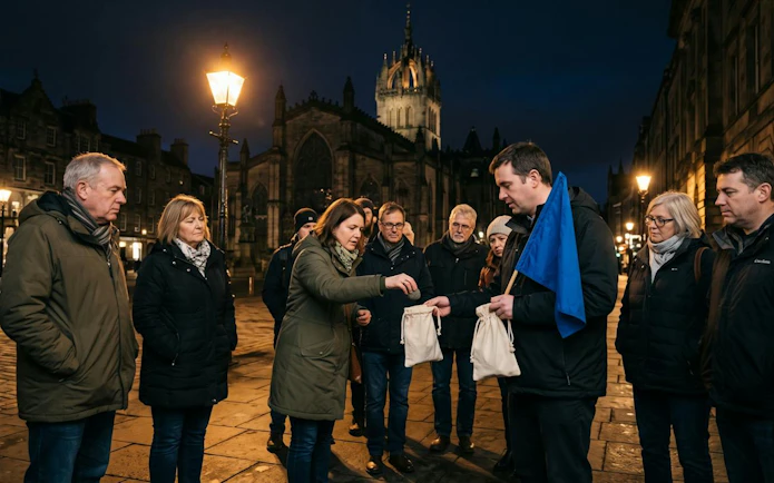 Participants on Edinburgh True Crime Walking Tour near St Giles' Cathedral at night.