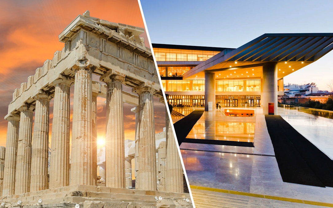 Athens Acropolis Parthenon and modern museum exterior at sunset.