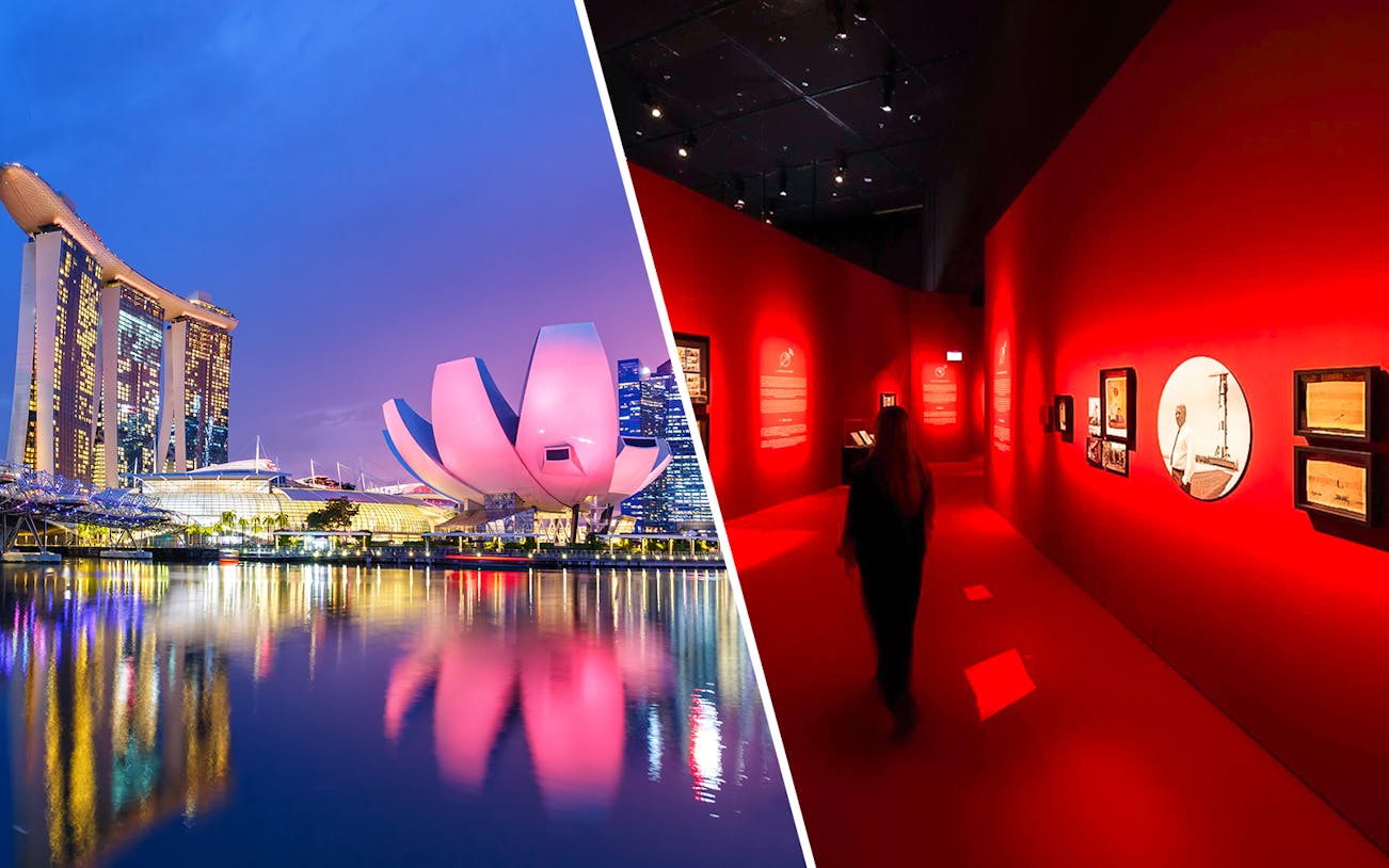 ArtScience Museum exterior and interior exhibit at Future World Exhibition, Singapore.