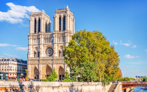 Notre Dame Cathedral with the river Seine in Paris, France.
