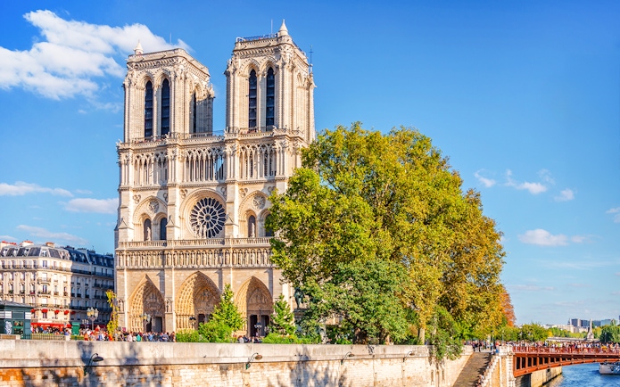 Notre Dame Cathedral with the river Seine in Paris, France.