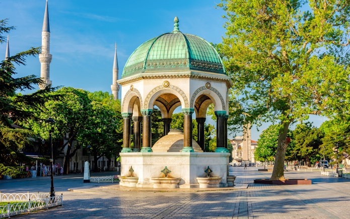 German Fountain on Sultanahmet Square, Istanbul, with minarets in the background.