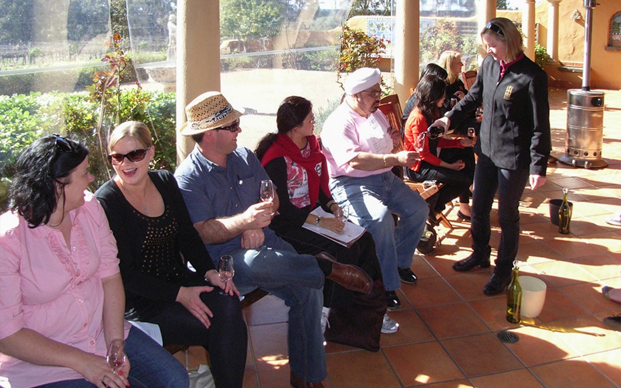 Group enjoying wine tasting on a patio during a guided tour in Hunter Valley.