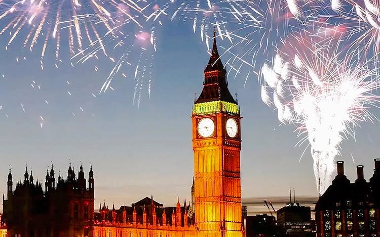 Fireworks over Big Ben and the Houses of Parliament on New Year's Eve in London.