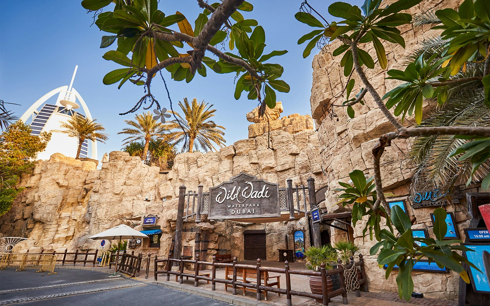 Wild Wadi Waterpark entrance with Burj Al Arab in the background, Dubai.