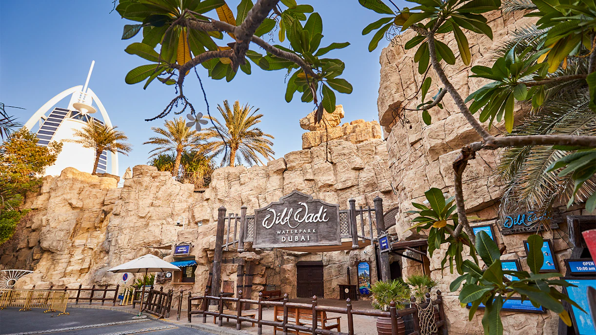 Wild Wadi Waterpark entrance with Burj Al Arab in the background, Dubai.