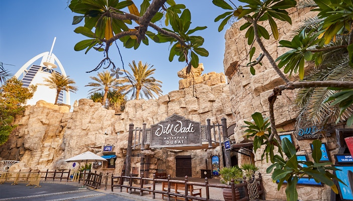 Wild Wadi Waterpark entrance with Burj Al Arab in the background, Dubai.