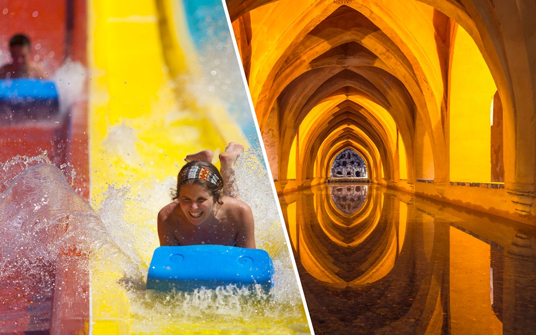 Water slide at Isla Mágica and arches of Alcazar of Seville.