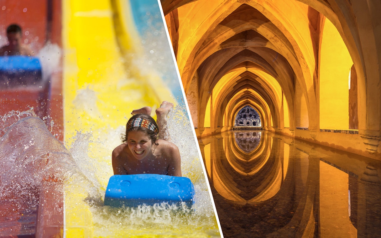 Water slide at Isla Mágica and arches of Alcazar of Seville.