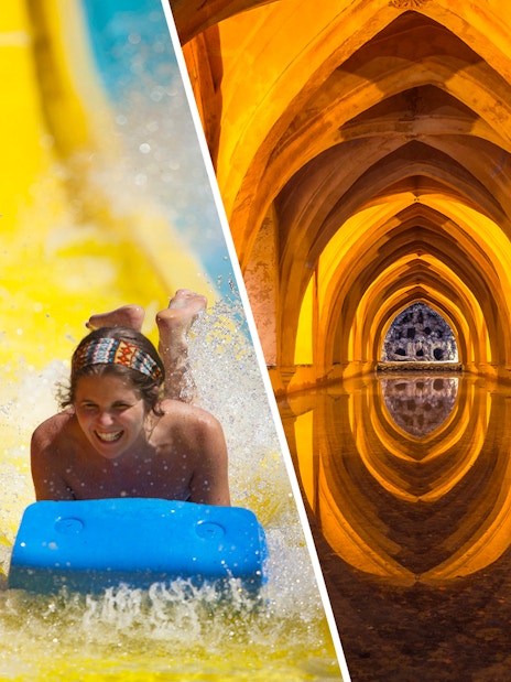 Water slide at Isla Mágica and arches of Alcazar of Seville.