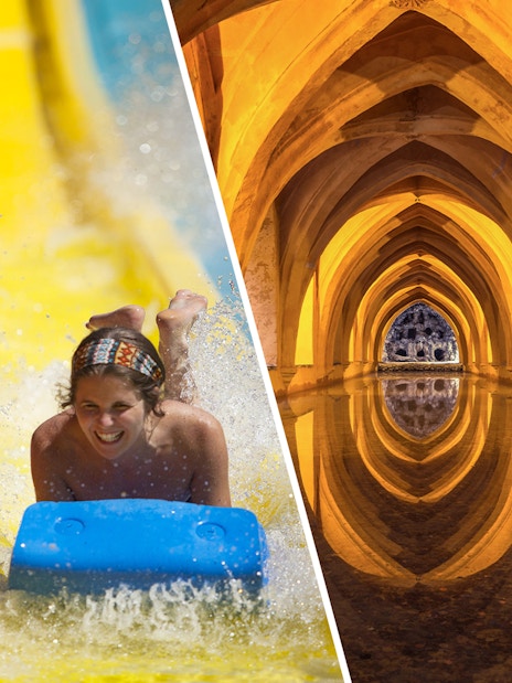 Water slide at Isla Mágica and arches of Alcazar of Seville.