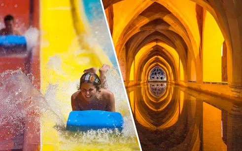 Water slide at Isla Mágica and arches of Alcazar of Seville.