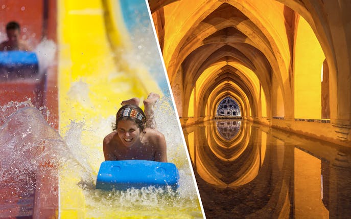 Water slide at Isla Mágica and arches of Alcazar of Seville.