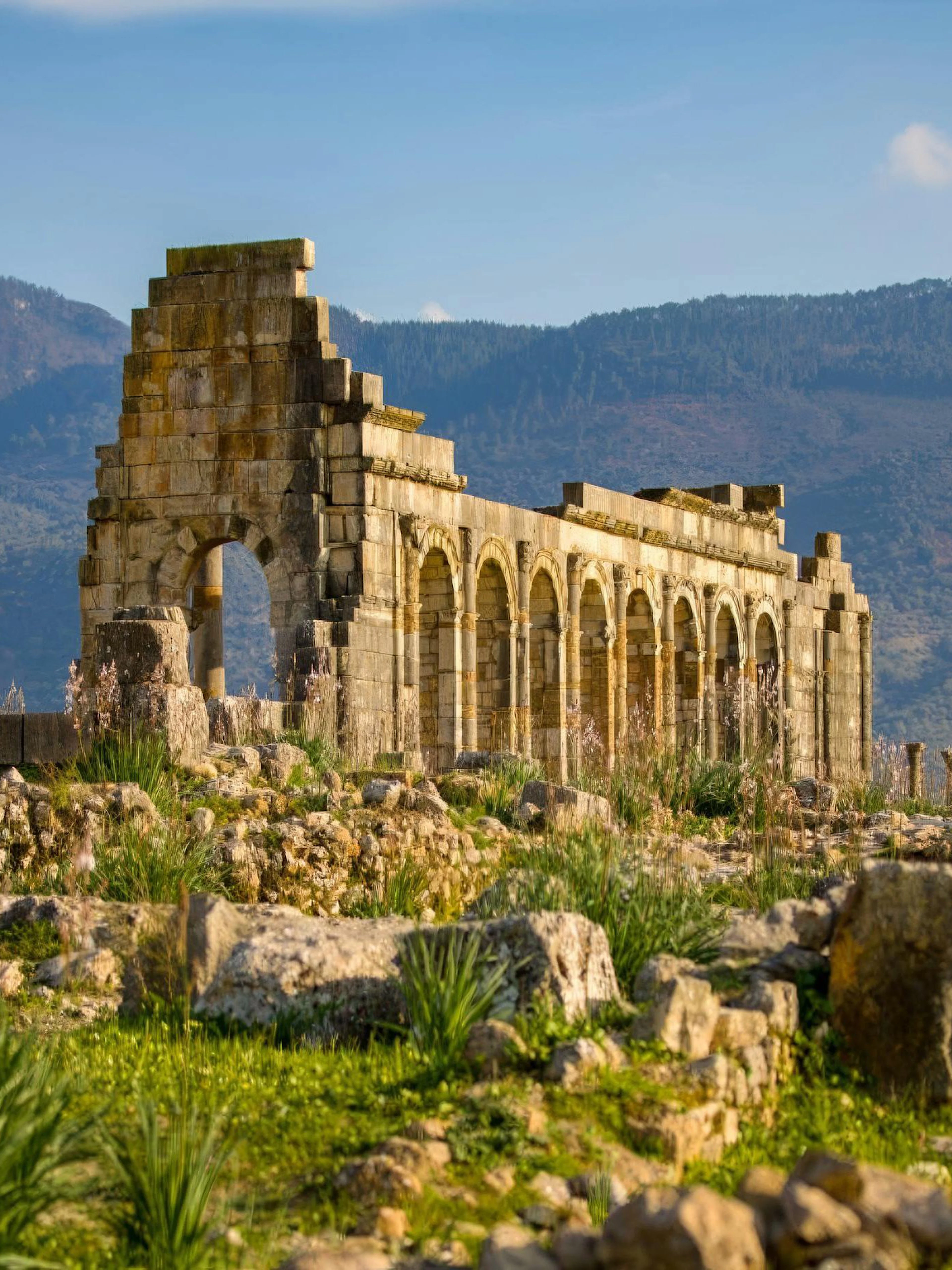 Volubilis Roman ruins with arches and columns in Fes, Morocco, against a mountain backdrop.