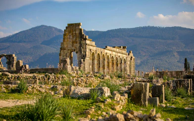 Volubilis Roman ruins with arches and columns in Fes, Morocco, against a mountain backdrop.