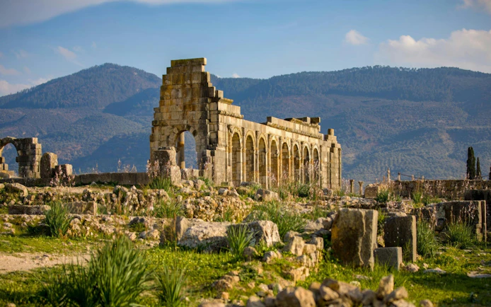 Volubilis Roman ruins with arches and columns in Fes, Morocco, against a mountain backdrop.