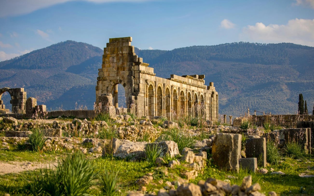 Volubilis Roman ruins with arches and columns in Fes, Morocco, against a mountain backdrop.