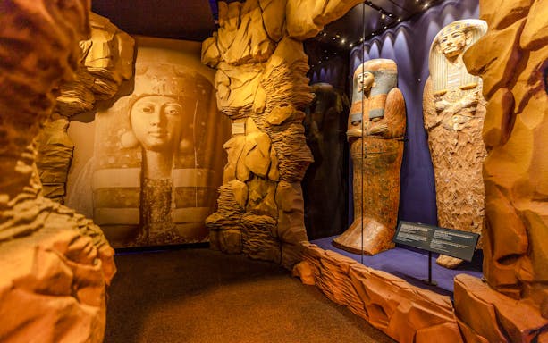 Sarcophagi and ancient Egyptian art in "Ramses the Great and the Gold of the Pharaohs" exhibition.