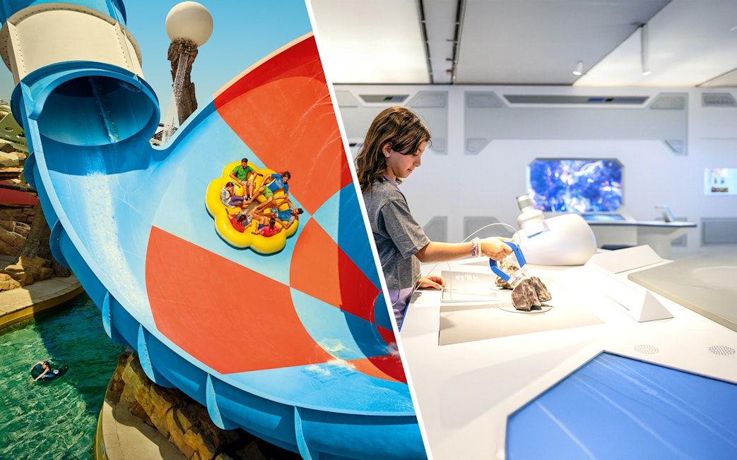 Water park slide with group on raft and child exploring science exhibit indoors.